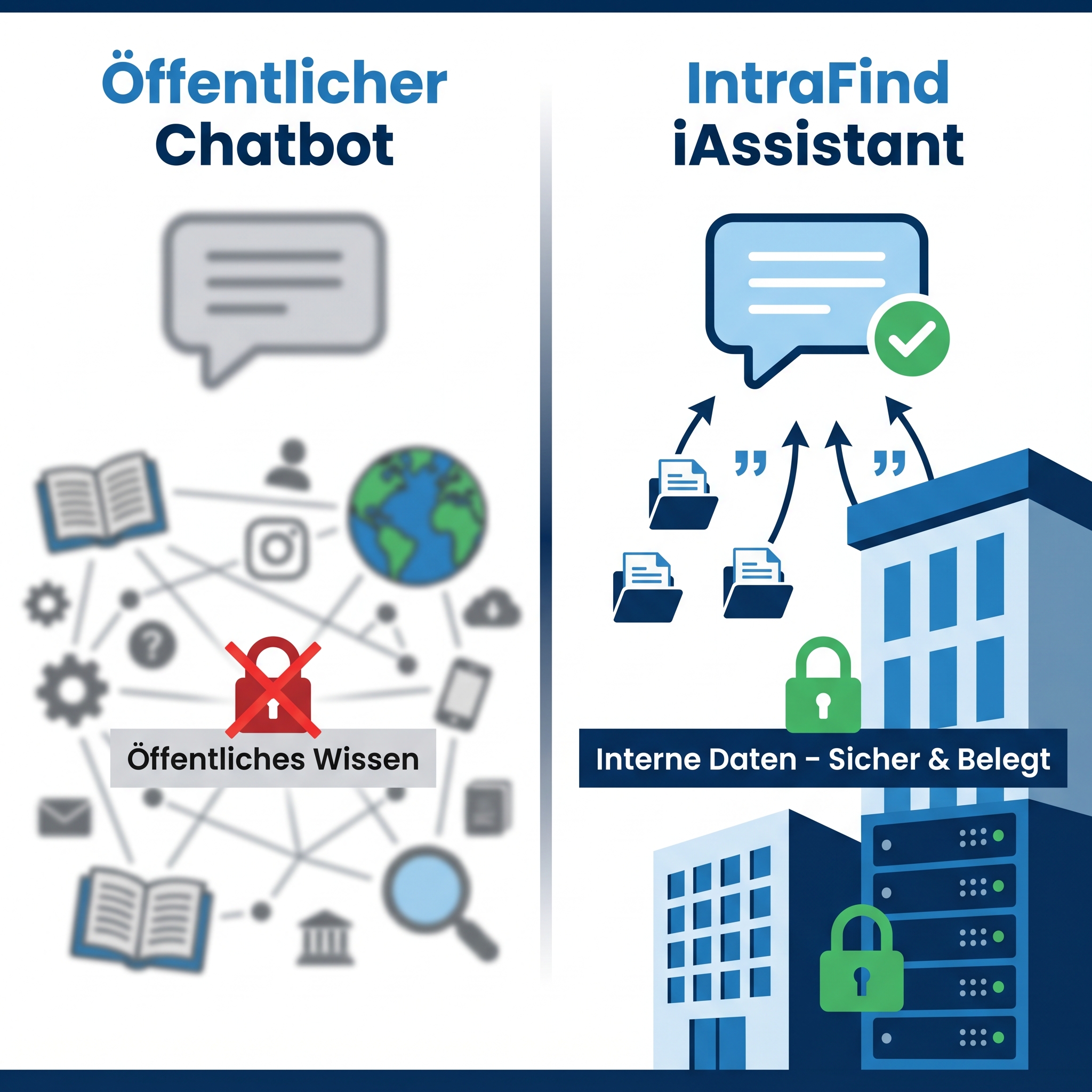 Grafik Gegenüberstellung öffentlicher Chatbot versus iAssistant